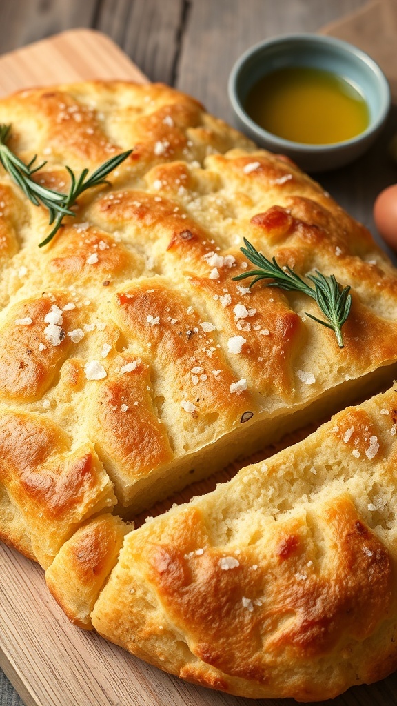 Freshly baked focaccia bread topped with rosemary and sea salt, served on a wooden table with olive oil.